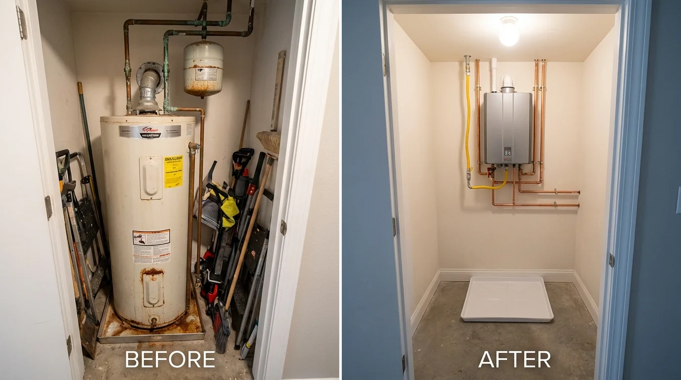 Tank water heater versus wall-mounted tankless unit comparison for Melrose, MA homeowners