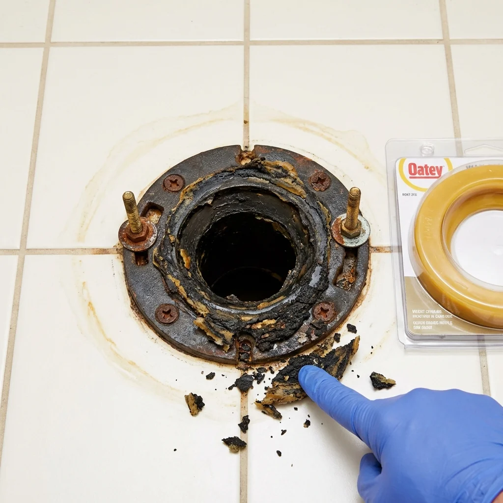 Failed wax ring showing water seepage at the base of a toilet in a Melrose, MA home