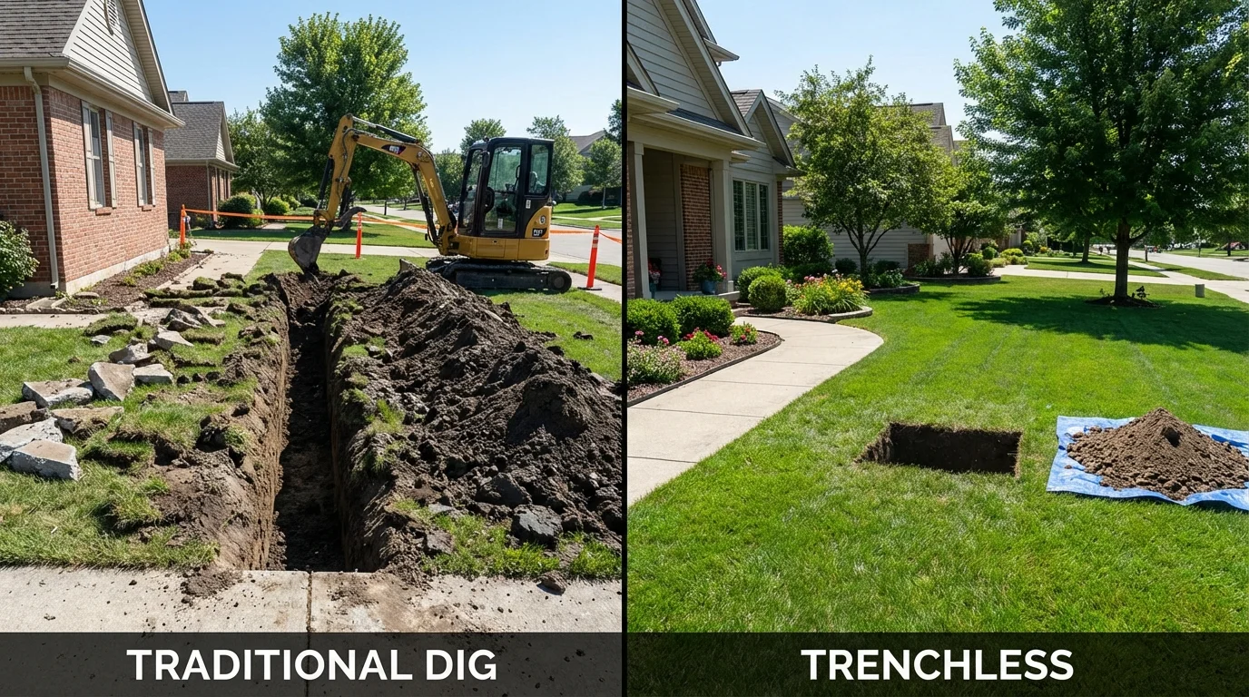 Trenchless sewer repair with minimal yard damage versus traditional excavation in Melrose, MA