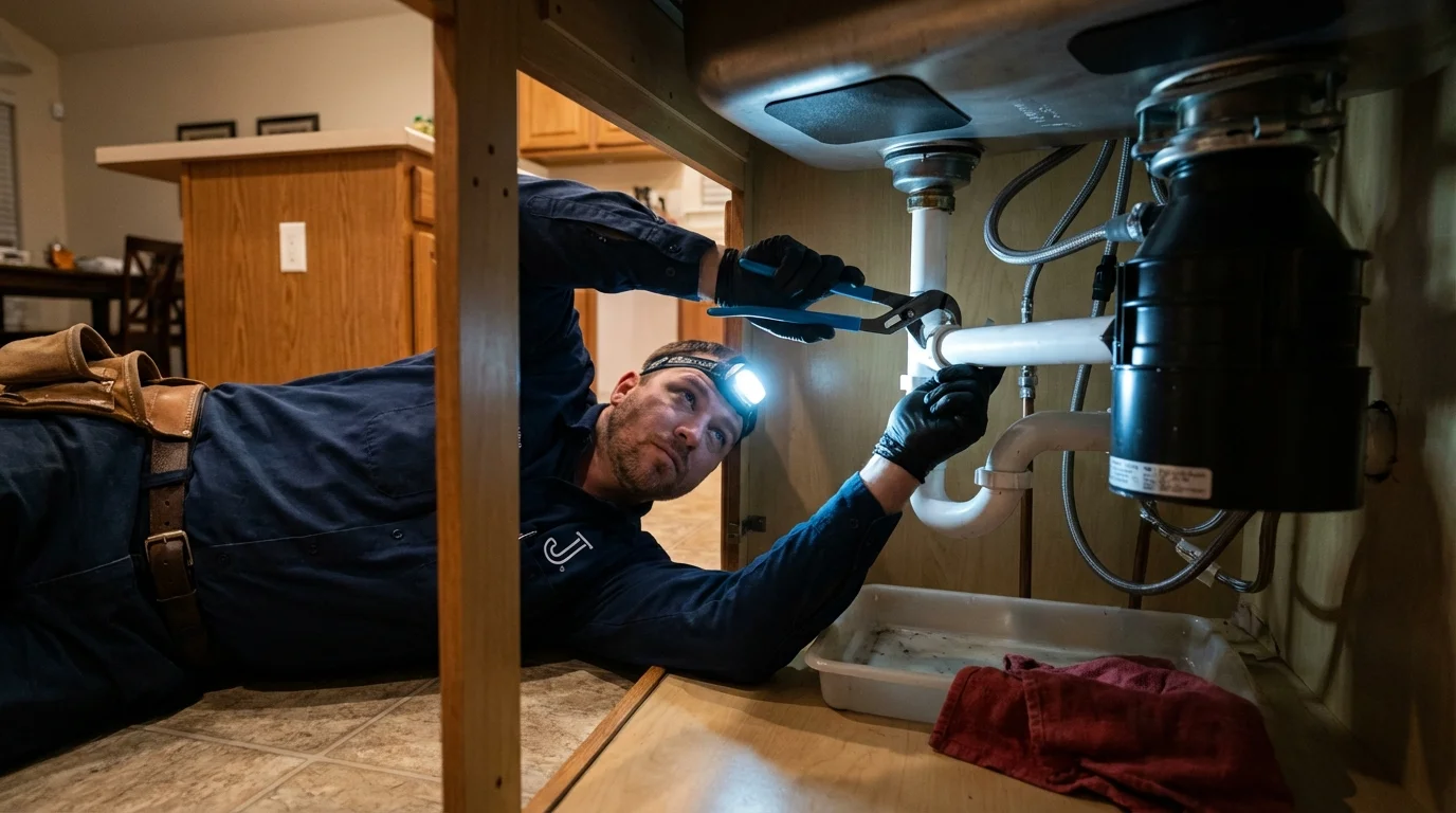 P-trap and supply line connections under a kitchen sink showing a common leak point in Melrose, MA